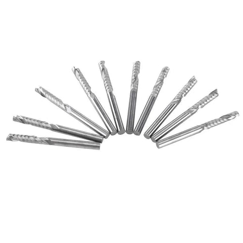 End Mill Bits Set Of Ten With One Eighth Inch Shank Single Flute CNC Router Bits Tungsten Carbide Pro Grade For Wood Aluminum Steel PCBs PVC Acrylic Carbon Fiber Machining displayed in a fan pattern