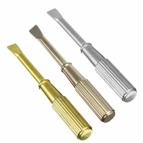 Three mini titanium steel screwdrivers in gold, bronze, and silver colors, non-slip handles for jewelry repair.