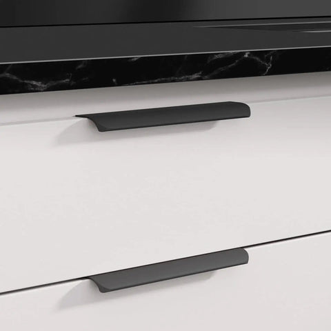 5 Pack Adhesive Edge Finger Pulls For Cabinets installed on white drawers in black finish, aluminium alloy concealed drawer pulls.