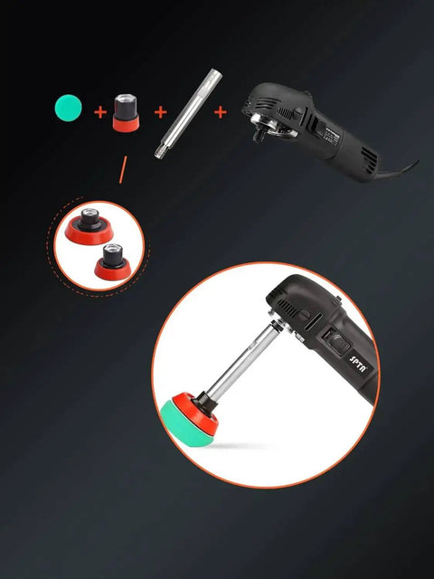 Mini Car Polisher Kit For Auto Detailing With 750W Buffer, 3 extension shafts, and detail polishing pads visible