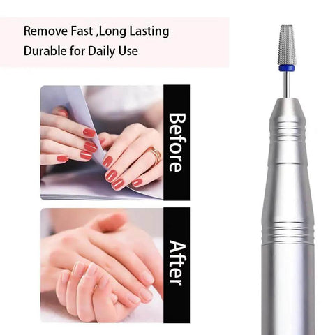 5 In 1 Carbide Nail Drill Bits Set For Acrylic And Hard Gel Removal With Left And Right Hand Use And Two Direction Rotation 3 32 Inch Shank Includes 2XC XC C Coarse M Middle F Fine Bit Options For Pro Nail Techs alongside before and after use images