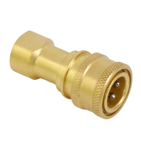 Brass 1/4in NPTF hydraulic nipple with knurled coupling and 3-pin circular end