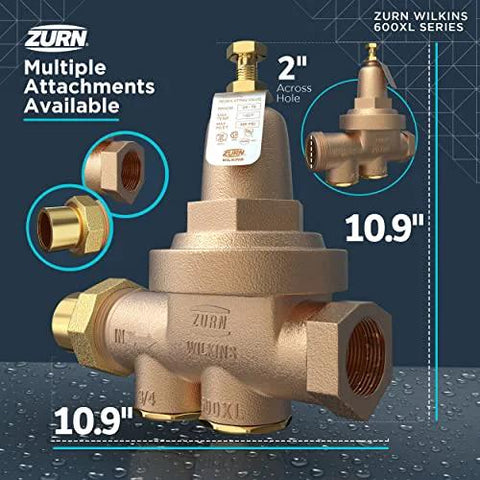 Zurn Wilkins 2-600XL pressure reducing valve, brass body with 2-inch connections and multiple attachments.