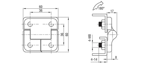 Technical diagram of Zinc Alloy Hydraulic Gate Hinge With Constant Friction Torque For 40x40 50x50 60x60 Doors And Cabinets Heavy Duty