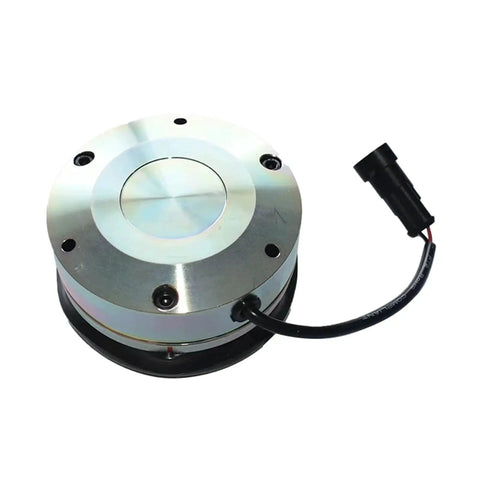 Electromagnetic brake unit for forklift parts; round silver housing with flange and black connector lead.