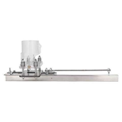 Side view of Wood Router Tool For Chamfering Grooving Slotting Carving And Cutting With Accurate Positioning And High Efficiency In A Compact Lightweight Design Built From Transparent Plastic And Stainless Steel.