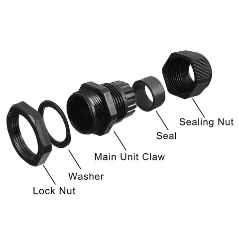 Exploded view of PG21 Nylon Cable Gland Joint Waterproof IP68 Locknut Kit components including lock nut, washer, main unit claw, seal, and sealing nut.