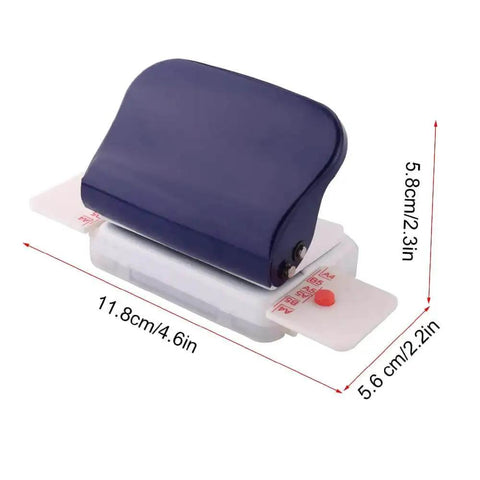 Side view of a blue 6 Hole Puncher For A4 A5 B5 Notebooks And Scrapbooks, showing dimensions and metal body for precise 6mm holes.