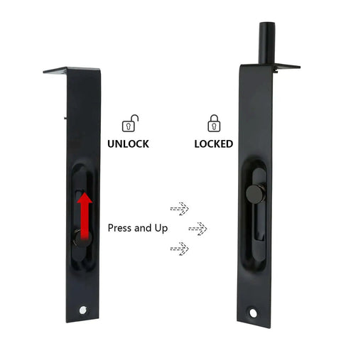 Stainless Steel Door Flush Bolt Latch 6 Inch L Type Lever Action Concealed Slide Lock Bolt Black Finish showing unlock and lock positions