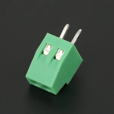 Close-up of a green 2 Pin 2.54mm Pitch PCB Screw Terminal Block Connector from the 50 PCS Plastic Universal PCB Mount Assortment Kit.