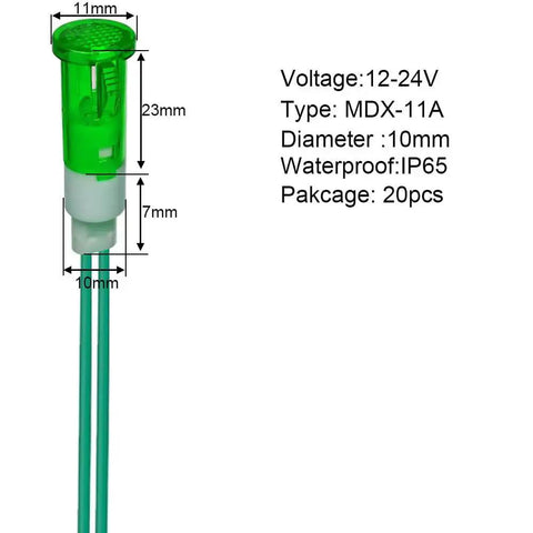 Green LED light dimensions and specs for 20 Pack Green LED Indicator Lights 10mm Dope Energy Saving LEDs For AC DC 12 24V 0.5W High Brightness