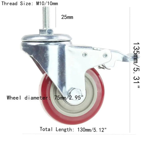 Swivel Stem Casters Heavy Duty Double Locking Castors With Red PU Wheels Quiet No Marking Safe On All Floor Surfaces M10 One Point Five By Twenty Five Millimeters Metric Thread High Load Capacity Pack Of 4 Ideal For Industrial Use In Workshops And