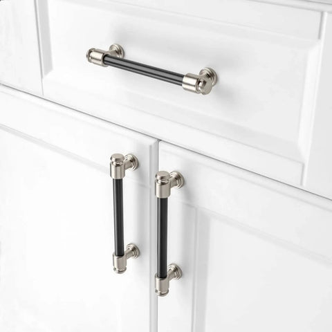 10 Pack 5 Inch Black And Nickel Cabinet Pulls Matte Black And Brushed Nickel Cabinet Handles installed on white cabinets
