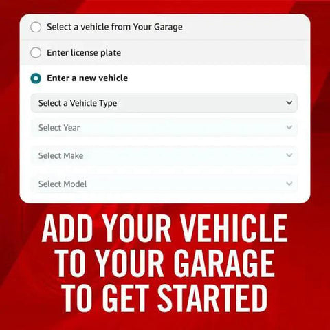 PowerStop brake kit product page UI showing vehicle-adding screen with Type/Year/Make/Model dropdowns on a red banner.