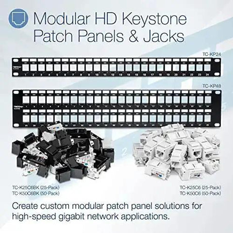 24-Port Blank Keystone 1U Patch Panel For Cat6 Jacks, 19-Inch Rackmount, NDAA Compliant, with keystone jacks and modules