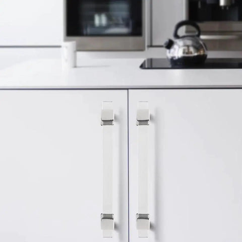 Kitchen installation of 10 Pack 5 Inch Center To Center Adjustable Cabinet Handles Modern Drawer Pulls With Square Acrylic Tube And Zinc Alloy Base Polished Chrome Finish.