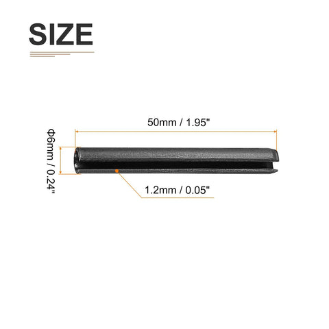 Six Millimeter By Fifty Millimeter Slotted Spring Pin Pack Of 20 Black 65Mn Steel Roll Dowel showing size dimensions