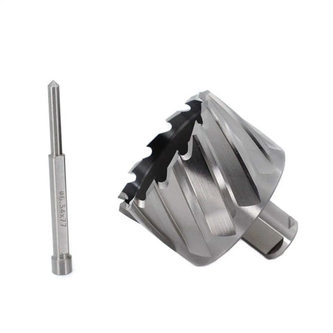 Annular Cutter for Magnetic Drill Press Oscarbide 2-1/4 Inch Diameter, 1 Inch Cutting Depth, 3/4 Inch Weldon Shank With 2 Flat Pilot Pin, Dual Teeth, Drills Holes Up to Ten Times Faster Than Regular Bits for Metalworking, showing cutter and pin side by side.