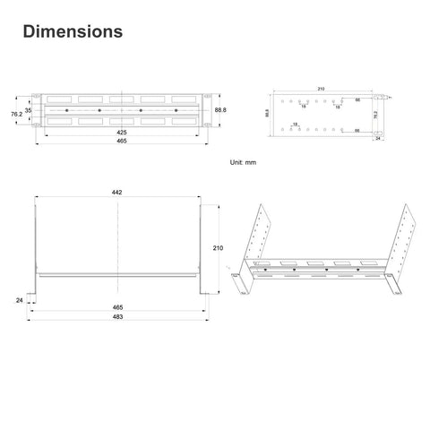 Technical drawing showing dimensions for Depth Adjustable 19 Inch Rack Mount Din Rail Rack Ready Chassis With Aluminum Bracket
