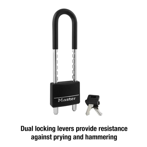 Adjustable Shackle Padlock With Key In Black Vinyl Covered Aluminum Body shown with keys and dual locking feature