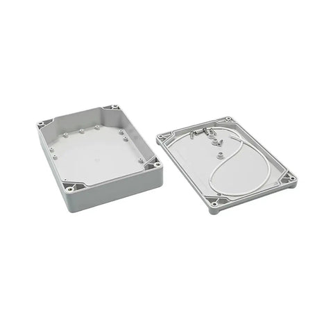 Open view of Rugged ABS Plastic Weatherproof Electrical Enclosure Box With IP65 Waterproof Rating, lid and base shown separately.