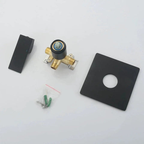 Components of Matte Black Shower Mixer Valve With Wall Mount Handle, Durable Brass Body, Rust Resistant Construction, Kit, Cover Plate.