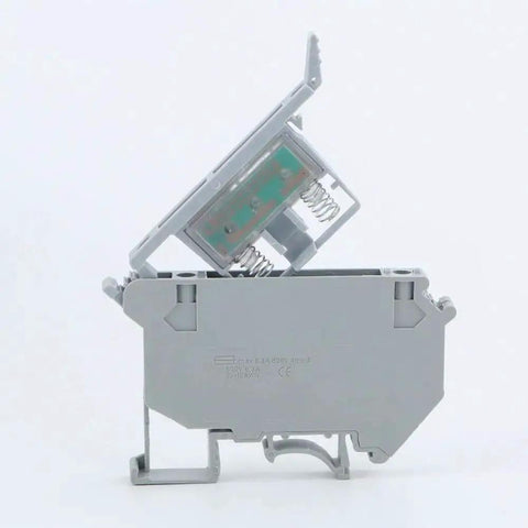 Side view of a gray LED Indicated DIN Rail Fuse Holders And Disconnect Terminal Blocks With Screw Clamp, 24V DC, nylon PA66 housing.