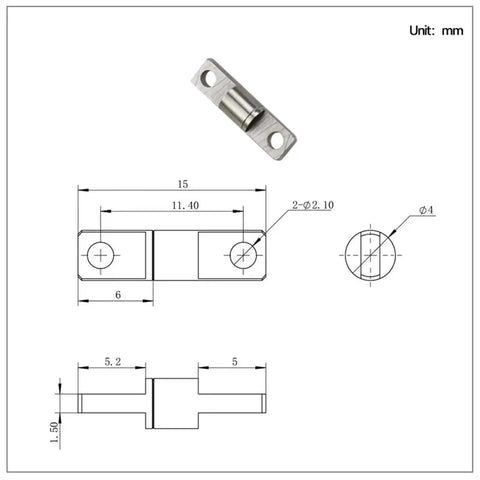 Small stainless steel 360-degree torque hinge damper with embedded shaft and two mounting holes, 15 mm length