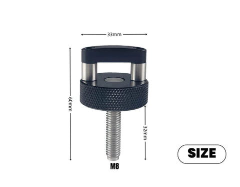 Aluminum 6 Piece Hard Top Bolts With Quick Release Thumb Screws And Built In D Ring Mount For Jeep Wrangler JK JL JT Gladiator Easy Install Replacement For Freedom Top Screws, single bolt side view, features measurements.