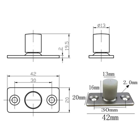 Two Piece Sliding Barn Door Roller Guide With Nylon Guide Wheels Floor Rail Roller System Heavy Duty Metal Hardware for easy installation, measurements shown