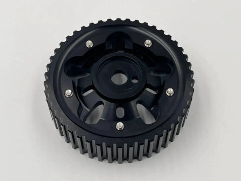 4G93 cam gear, black metal with external teeth, front view