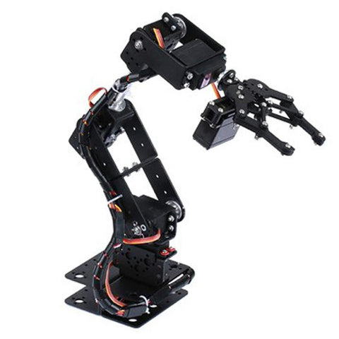 6DOF robotic arm claw kit with black metal frame, base plate, and wiring