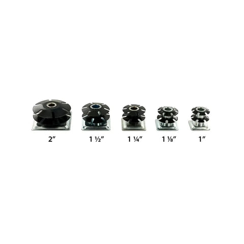 Five sizes of caster insert with focus on Double Star Threaded Caster Insert In Heat Treated Steel For One And One Quarter Inch Square Tubing