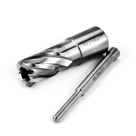 Heavy Duty Annular Cutter For Magnetic Drill Press OSCARBIDE With Pilot Pin Eleven Sixteenth Inch Cutting Diameter And One Inch Depth Of Cut Three Quarters Inch Weldon Shank Two Flats Magnetic Drill Bit For Faster Holes Go To Tool One Piece displayed against a white background, showing its cutting teeth and size markings.
