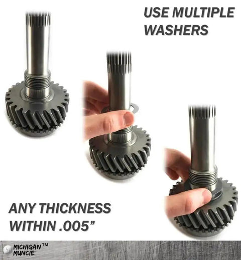 Input Shaft Shim Kit For M20 M21 M22 M23 Transmissions shown in use for precise clearance with steel shims on an input shaft.