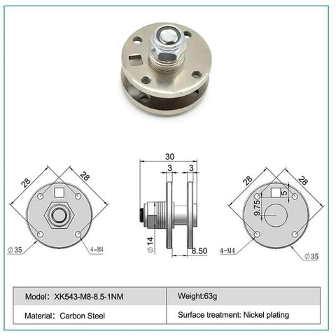 Technical diagram and top view of 360 Degree Rotating Damping Shaft Disc Type Rotary Damper with Adjustable Angle Stop Mechanism, Carbon Steel