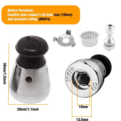 Universal pressure cooker valve replacement kit with exhaust rod, clamps, and regulator weight in chrome with black knob, 80KPa safety