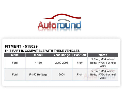 Fitment chart for Beefy Front Wheel Hub And Bearing Assembly 515029 For 4x4 Ford F-150 2000-2003 And Heritage 2004 With 5 Lug And 4 Wheel ABS 4WD Ready Drop-In Replacement.