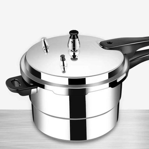 Stainless steel pressure cooker with chrome lid and black handles; universal relief/exhaust jigger valve set.
