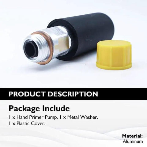 Heavy Duty Hand Primer Pump Kit For Diesel Engines With Universal Fit, showing a black pump and yellow plastic cover, aluminum material.