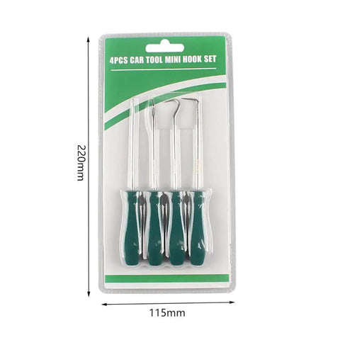 Four Piece Oil Seal Puller Kit With Internal And External Hooks O Ring Tool And Pry Bar in packaging, 115mm x 220mm dimensions shown