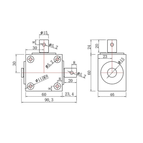 Technical drawing of Horizontal Right Angle Gearbox Shaft One Point Five Module Ninety Degree Drive With One To One Gear Ratio.