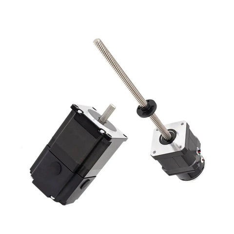 Front and side views of two black NEMA stepper motors with metal lead screws and mounting flanges.