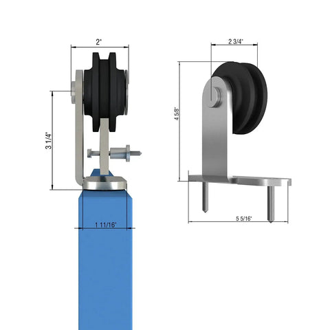 Diagram of Brushed Nickel Sliding Barn Door Hardware Track Kit with Soft Close, showing roller dimensions and mounting details
