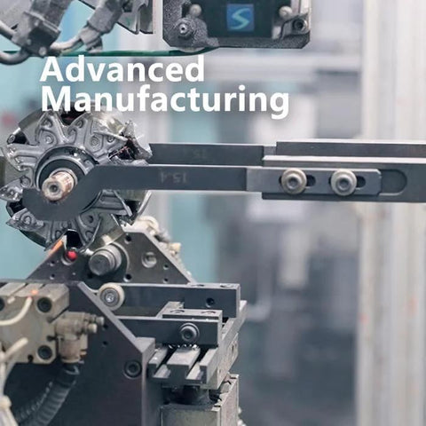 Close-up of machinery in an advanced manufacturing process, featuring a metal component being manipulated by robotic arms.