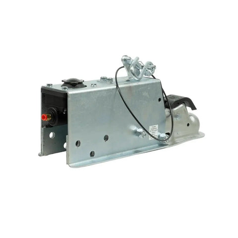 Side view of Demco DA70 surge brake actuator for hydraulic drum brakes, 7K EZ-Latch, 2-in ball, silver