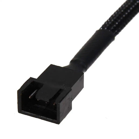 SATA To 3 Pin Or 4 Pin PWM PC Case Fan Power Adapter Cable With 15 Pin SATA Connector Converts 12V Fans To 3 Pin And 4 Pin PWM Ten Point Six Inch Black Sleeved Backwards Compatible close-up view