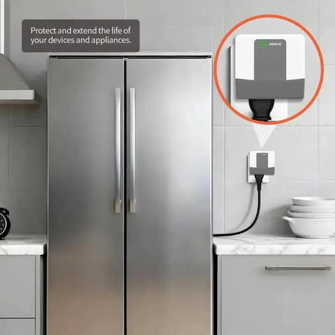 Installed Two Outlet Wall Tap Surge Protector With Ground Protection Indicator Lights For Fridge And Washer 15A 120V 1800W Safe Plug In Power Strip For Home Appliances next to stainless steel fridge.
