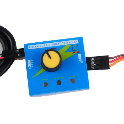 Close-up of 3CH RC Servo Tester And ESC Signal Generator For CCPM Consistency with cables connected, blue housing.