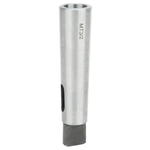 Front view: MT3 to MT2 taper drill sleeve; silver metal cylindrical reducer with hollow bore